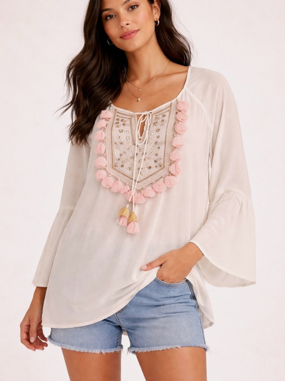 Lilly Pulitzer Shandy Tunic Pink Cream Tassels, Sz XS